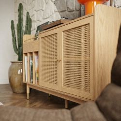 Meuble vinyle LEON placage chêne et cannage rotin 140cm