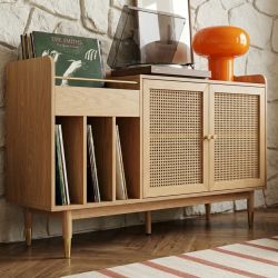 Meuble vinyle LEON placage chêne et cannage rotin 140cm