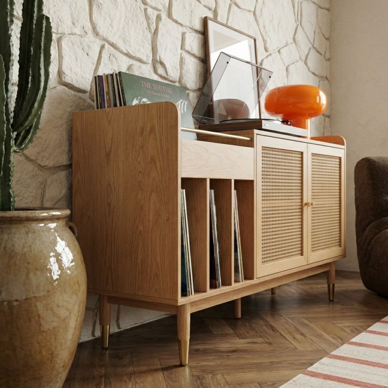 Meuble vinyle LEON placage chêne et cannage rotin 140cm