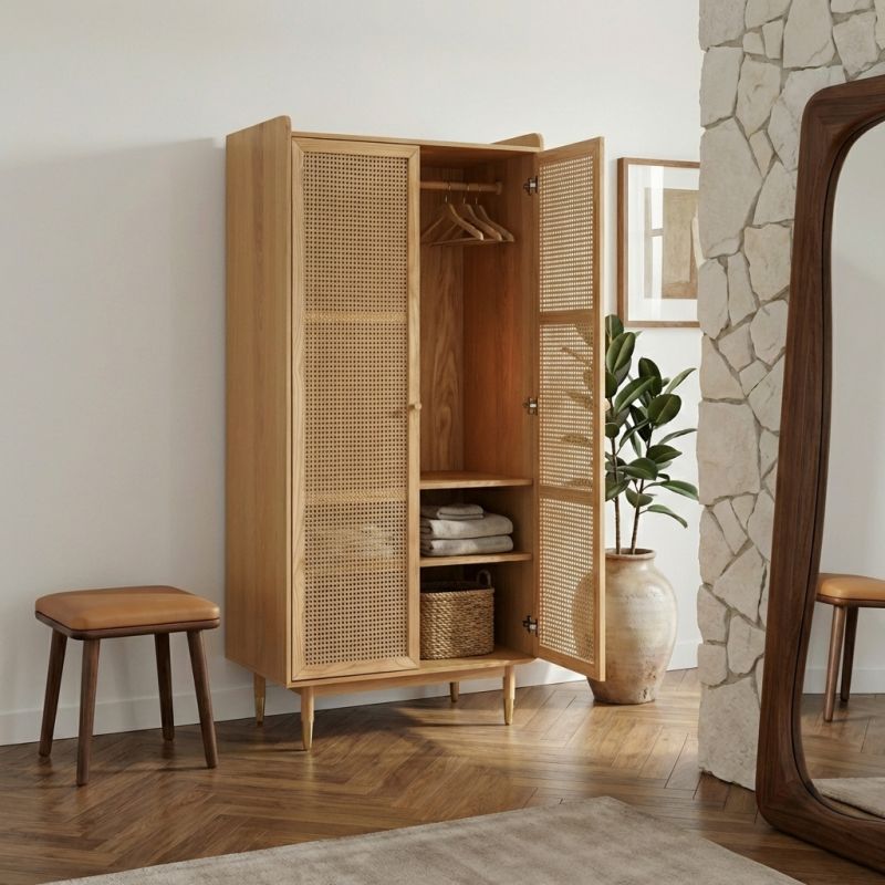 Armoire LEON placage chêne et cannage rotin 2 portes