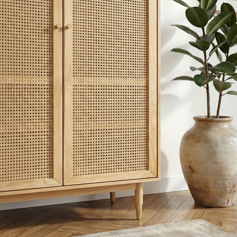 Armoire LEON placage chêne et cannage rotin 2 portes