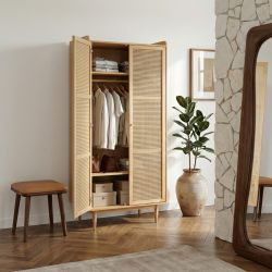 Armoire LEON placage chêne et cannage rotin 2 portes