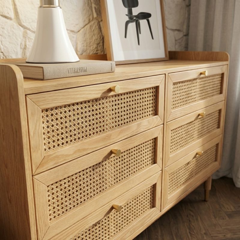 Commode LEON 6 tiroirs placage chêne et cannage rotin 120cm