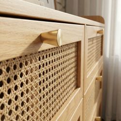 Commode LEON 6 tiroirs placage chêne et cannage rotin 120cm