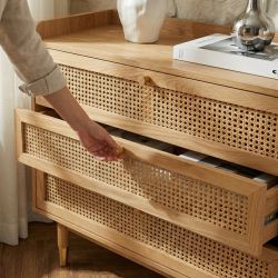 Commode LEON 3 tiroirs placage chêne et cannage rotin 85cm