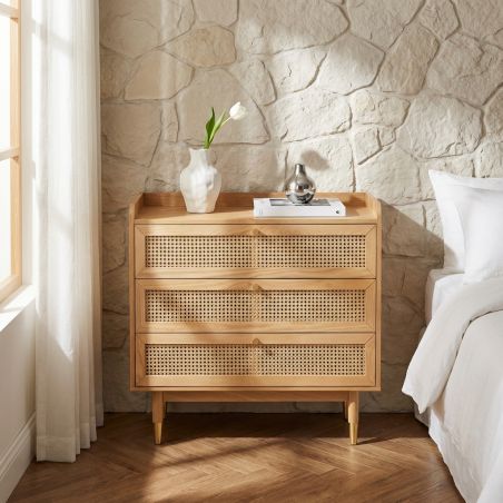 Commode LEON 3 tiroirs placage chêne et cannage rotin 85cm
