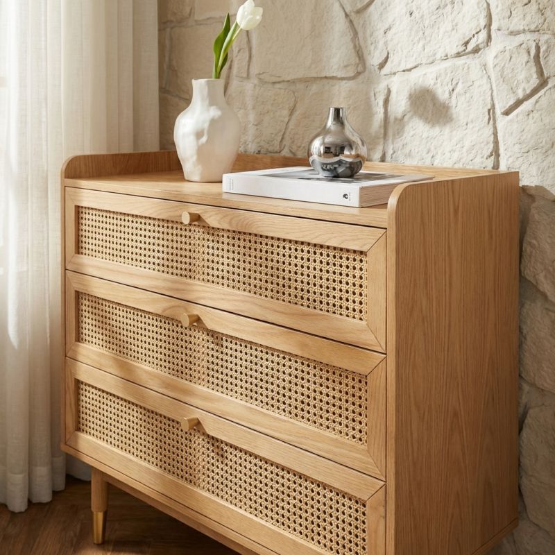 Commode LEON 3 tiroirs placage chêne et cannage rotin 85cm