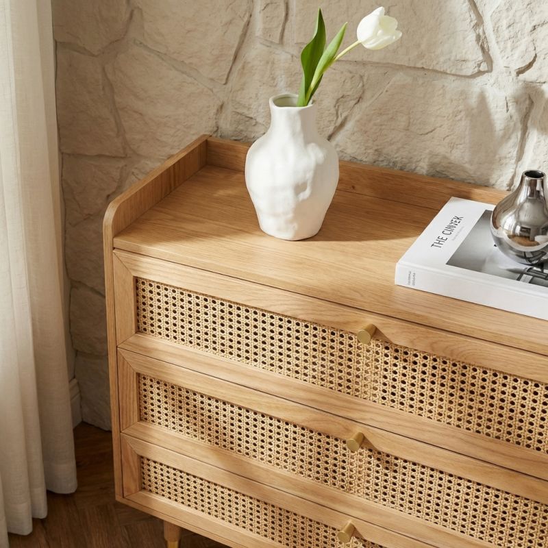 Commode LEON 3 tiroirs placage chêne et cannage rotin 85cm