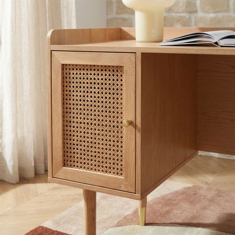 Bureau LEON chêne et cannage rotin 130cm