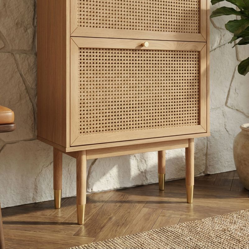 Meuble à chaussures LEON placage chêne et cannage rotin