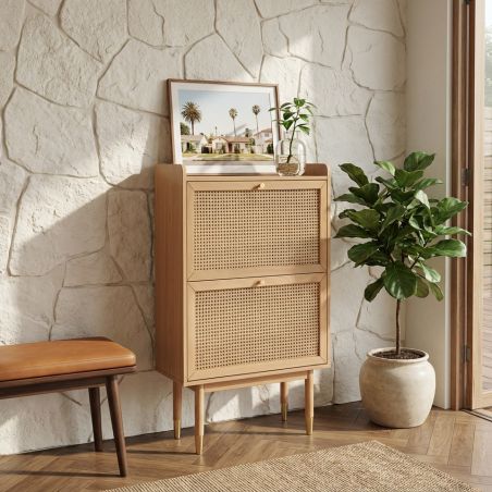 Meuble à chaussures LEON placage chêne et cannage rotin