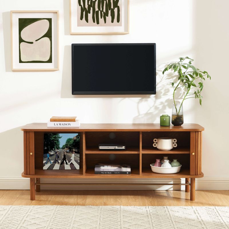 Meuble TV ERNEST frêne foncé portes tambour 150cm
