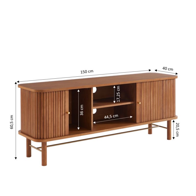 Meuble TV ERNEST frêne foncé portes tambour 150cm