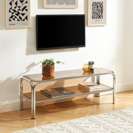 Meuble TV MAGGY verre trempé orange foncé et structure en chrome