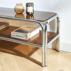 Meuble TV MAGGY verre trempé orange foncé et structure en chrome