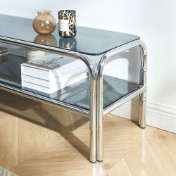 Meuble TV MAGGY verre trempé noir et structure en chrome 160cm