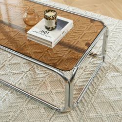 Table basse MAGGY verre trempé orange foncé structure en chrome