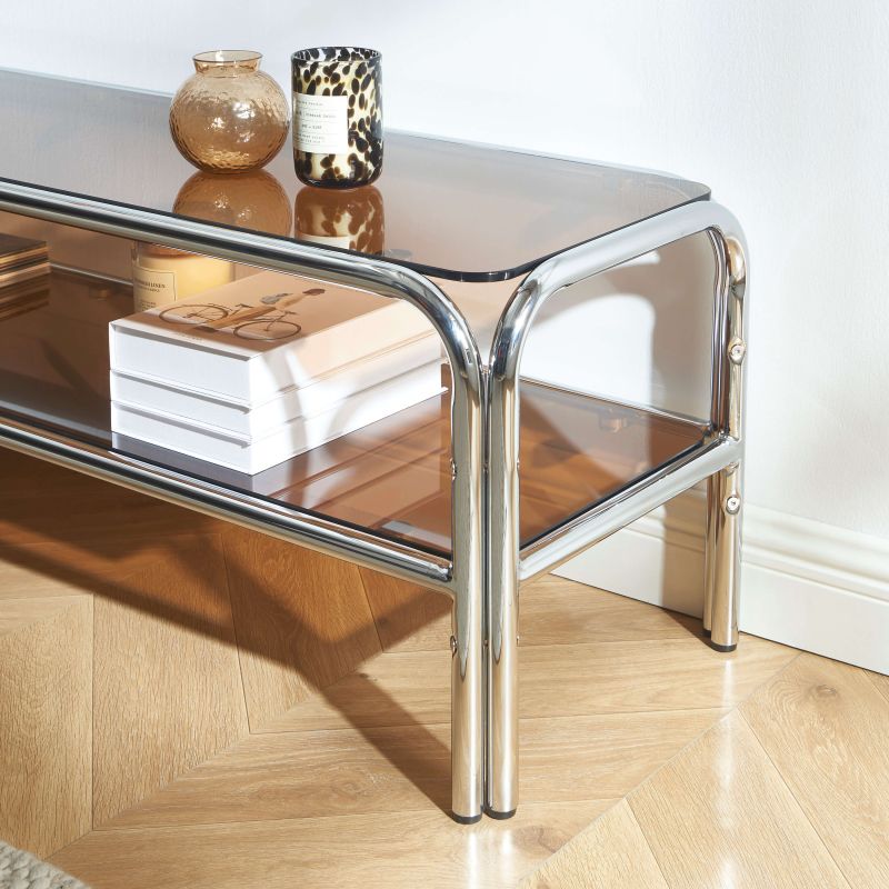 Meuble TV MAGGY verre trempé orange et structure en chrome 160cm