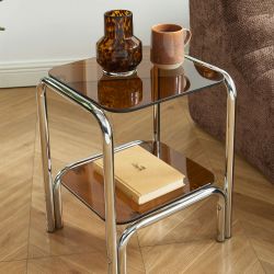 Table de chevet MAGGY verre trempé orange structure en chrome