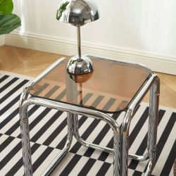 Table d'appoint MAGGY verre trempé orange structure en chrome