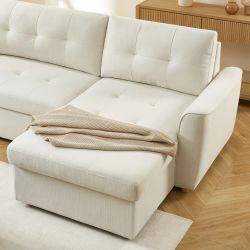 Canapé d'angle convertible et réversible TAMARA 4 places tissu texturé beige