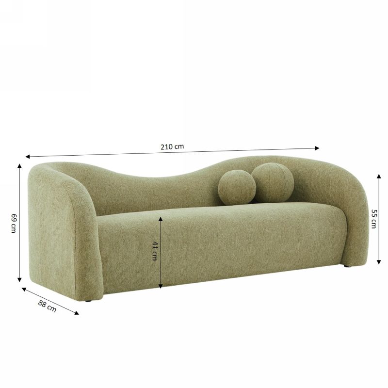 Canapé droit fixe BACALA 3 places tissu chenille vert kaki