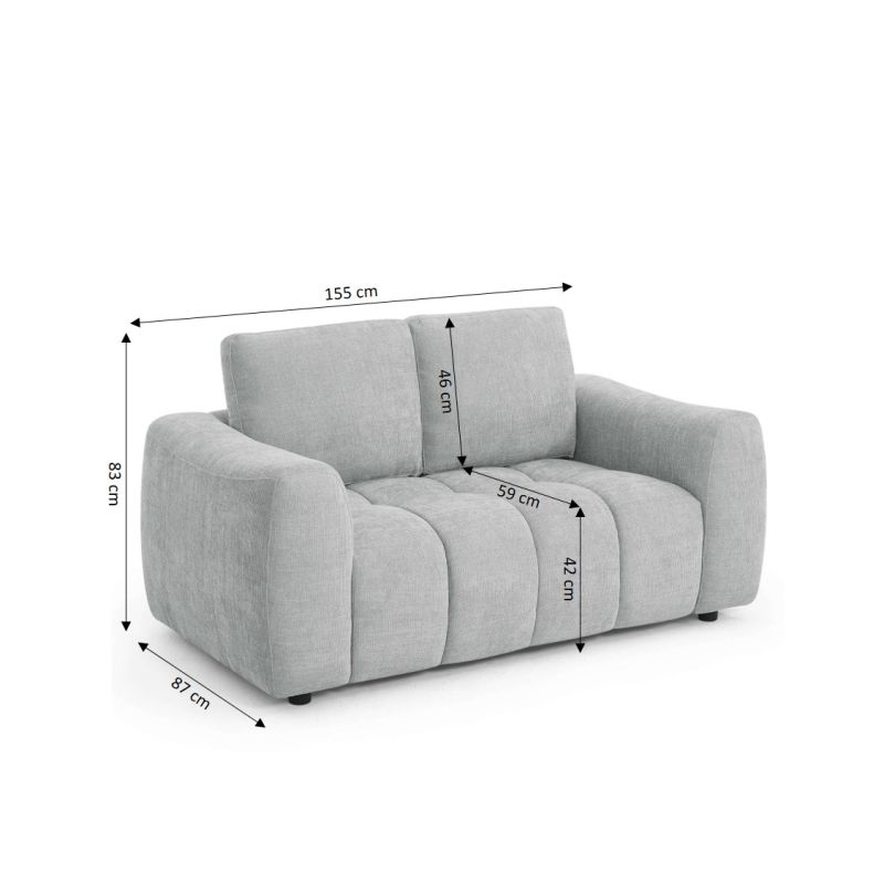 Canapé droit fixe KEREA 2 places tissu chenille gris