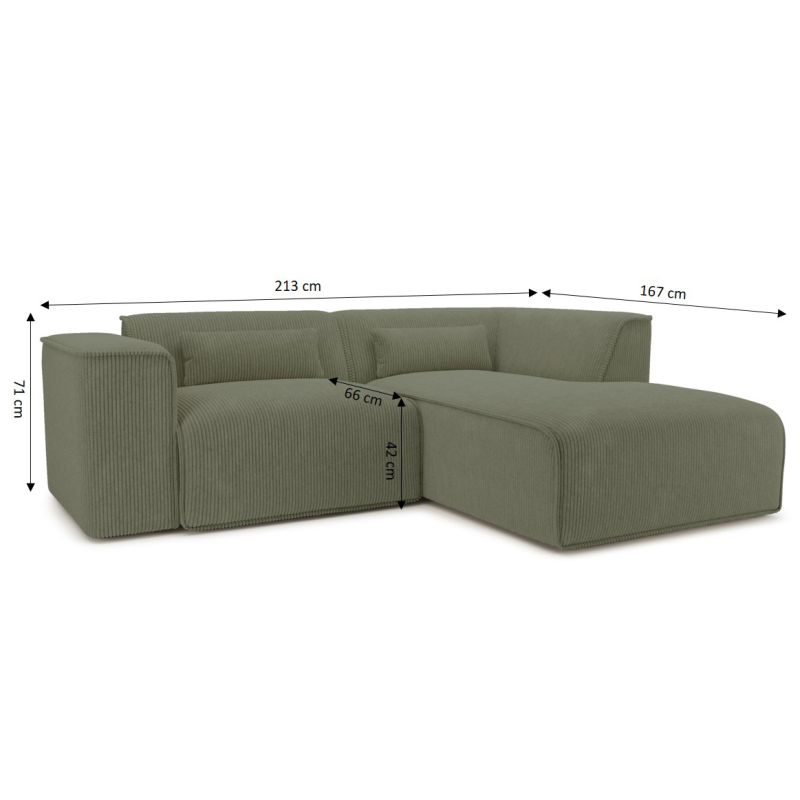 Canapé d'angle droit fixe NUNA 4 places velours côtelé vert