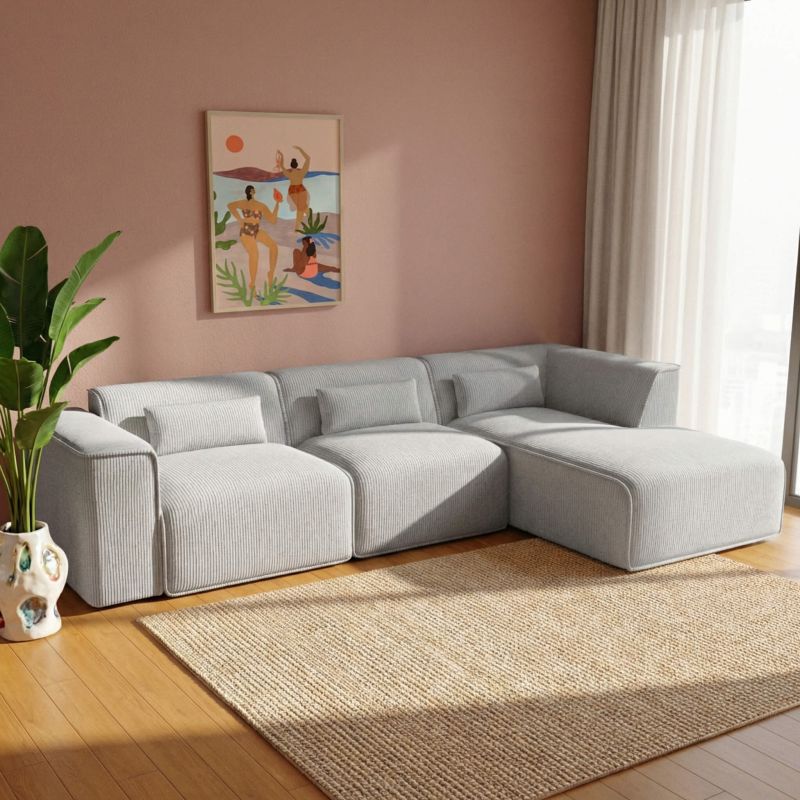Canapé d'angle droit fixe NUNA 5/6 places velours côtelé gris