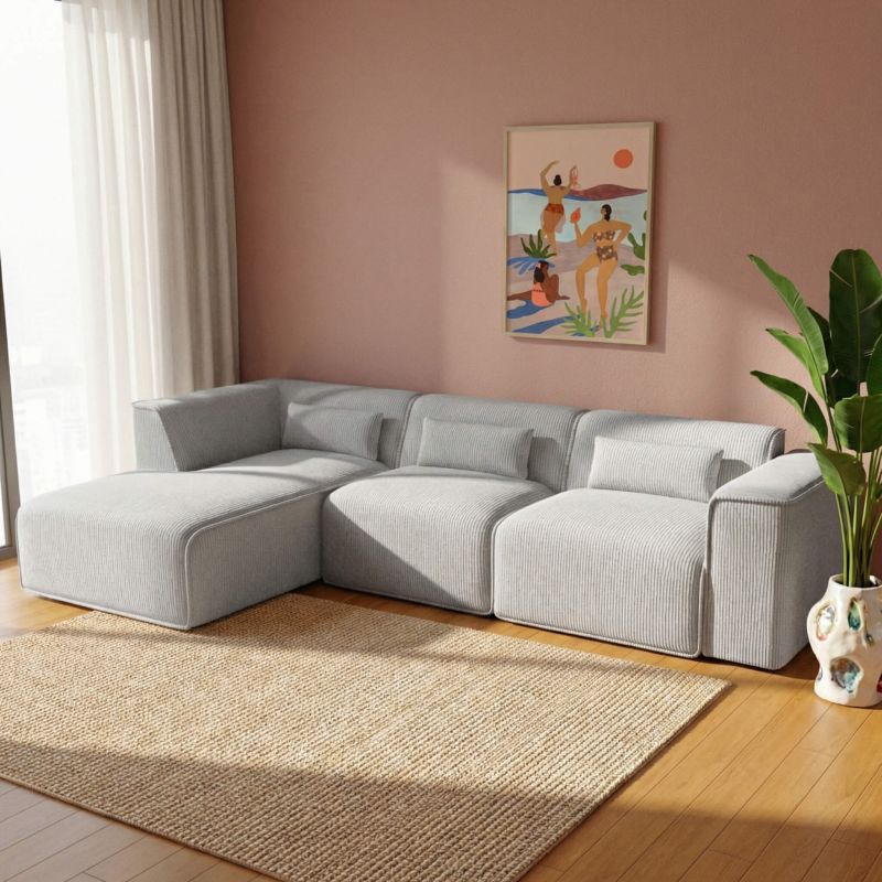 Canapé d'angle gauche fixe NUNA 5/6 places velours côtelé gris