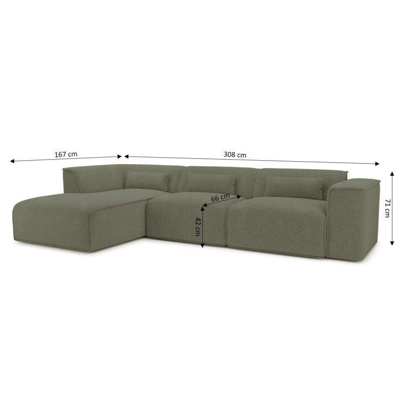 Canapé d'angle gauche fixe NUNA 5/6 places velours côtelé vert