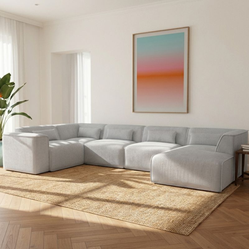 Canapé panoramique fixe NUNA 7 places chaise droite velours côtelé gris