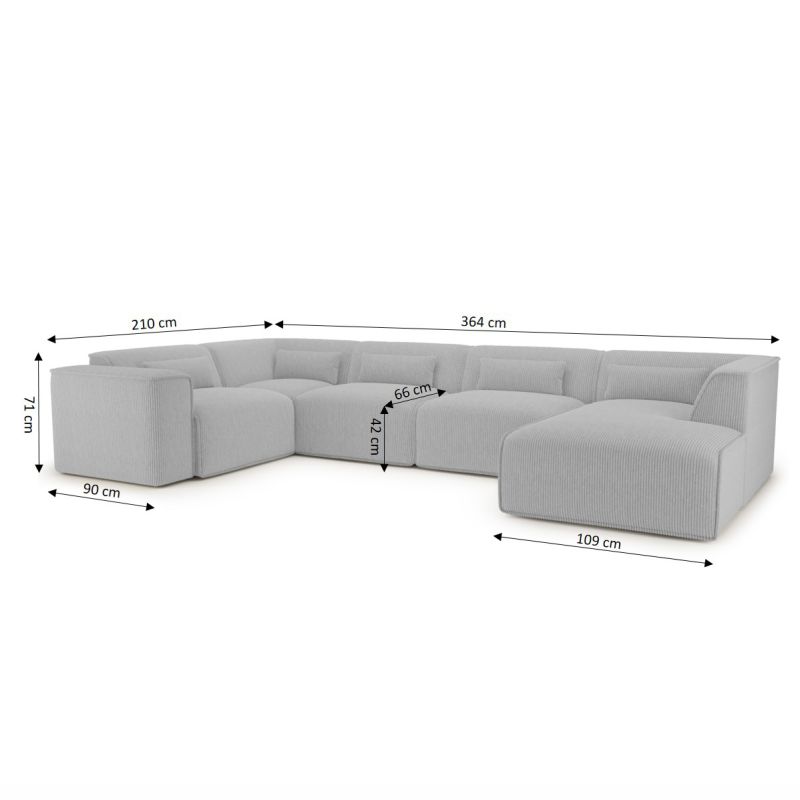 Canapé panoramique fixe NUNA 7 places chaise droite velours côtelé gris