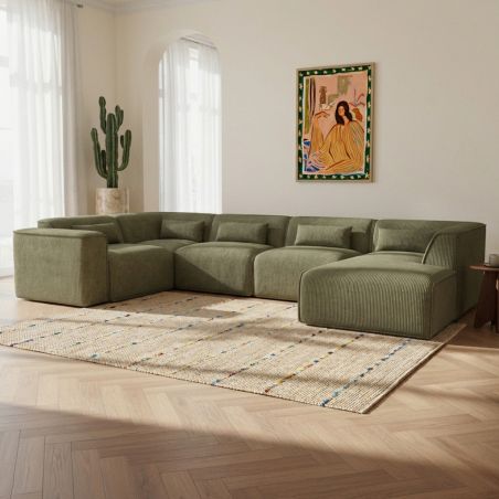 Canapé panoramique fixe NUNA 7 places chaise droite velours côtelé vert