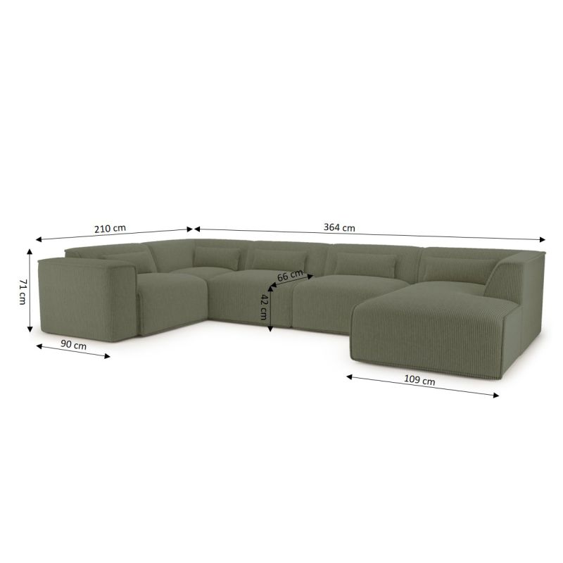 Canapé panoramique fixe NUNA 7 places chaise droite velours côtelé vert