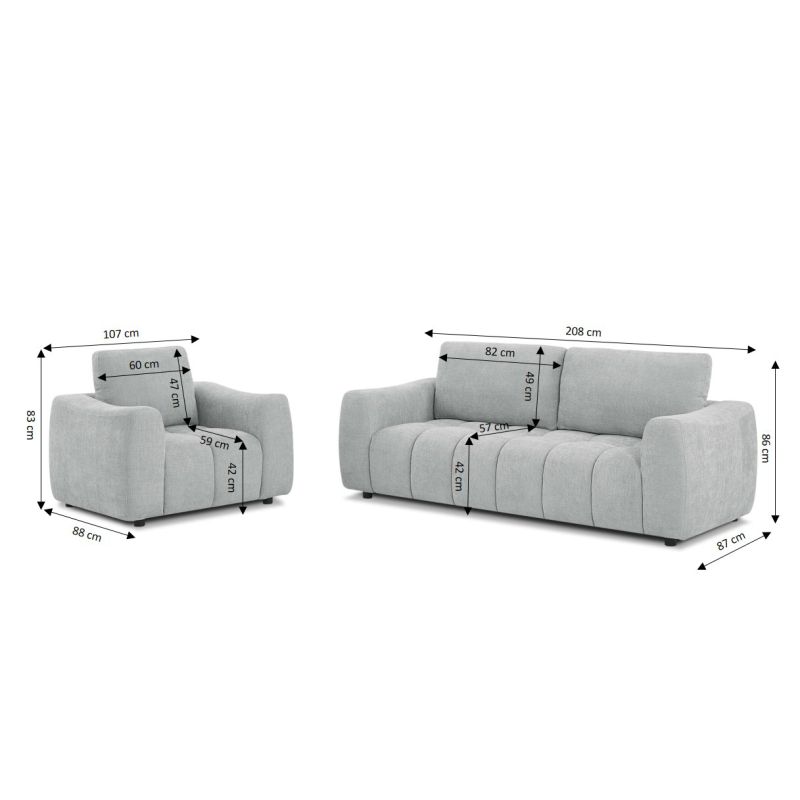 Ensemble canapé droit fixe 3 places + fauteuil 1 place KEREA tissu chenille gris