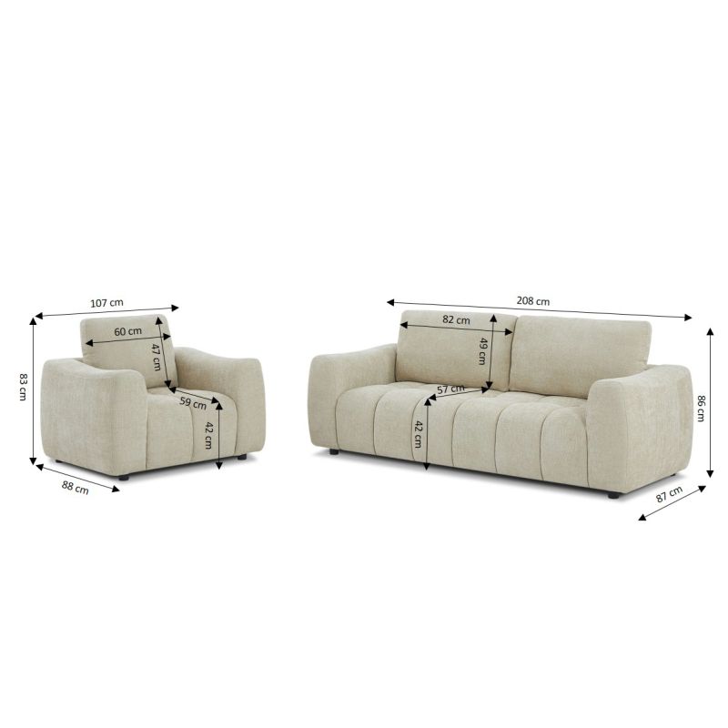 Ensemble canapé droit fixe 3 places + fauteuil 1 place KEREA tissu chenille taupe