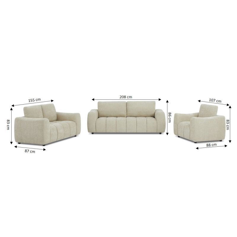 Ensemble canapés droits fixes 3+2 places + fauteuil 1 place KEREA tissu chenille taupe