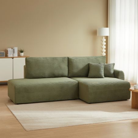 Canapé d'angle droit ouvert convertible DANILO 4 places velours côtelé vert