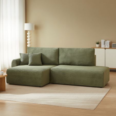 Canapé d'angle gauche ouvert convertible DANILO 4 places velours côtelé vert