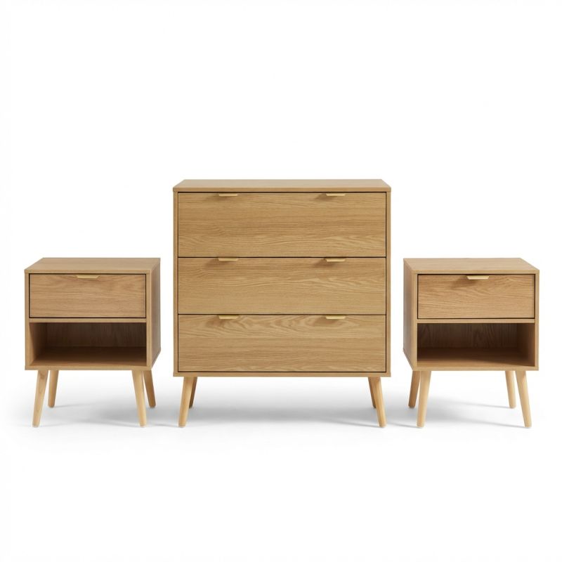 Ensemble commode et 2 tables de chevet JEANNE effet chêne