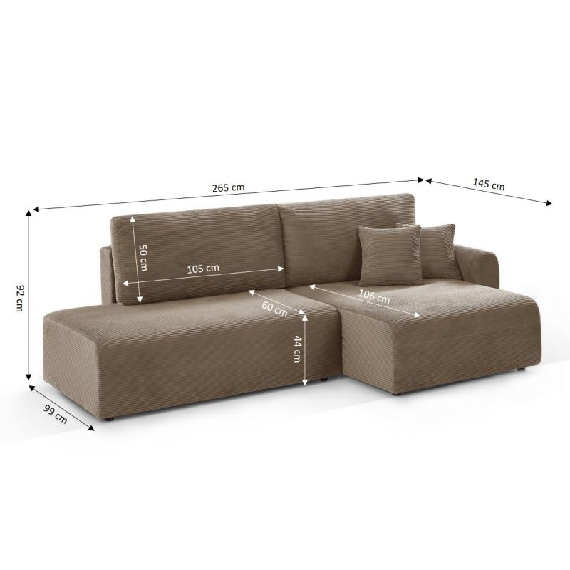 Canapé d'angle droit ouvert convertible DANILO 4 places velours côtelé taupe