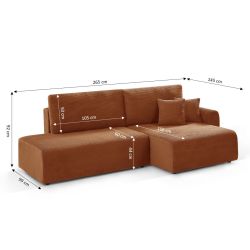 Canapé d'angle droit ouvert convertible DANILO 4 places velours côtelé terracotta