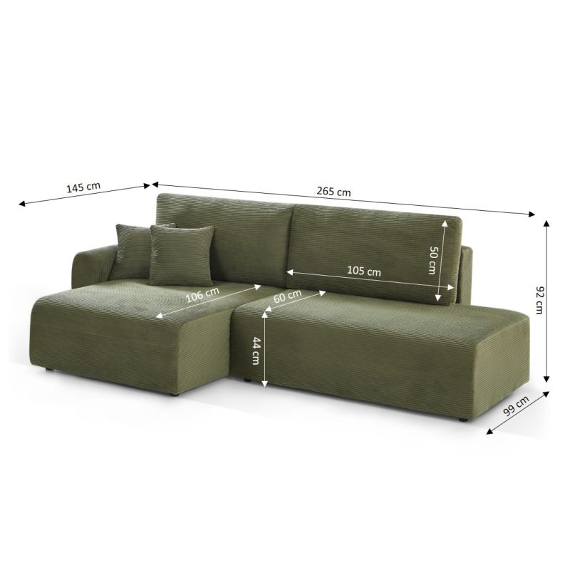 Canapé d'angle gauche ouvert convertible DANILO 4 places velours côtelé vert