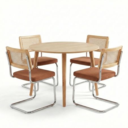 Ensemble repas table extensible ORACLE placage chêne et lot de 4 chaises ELLA velours côtelé terracotta et cannage