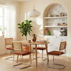 Ensemble repas table extensible ORACLE placage chêne et lot de 4 chaises ELLA velours côtelé terracotta et cannage