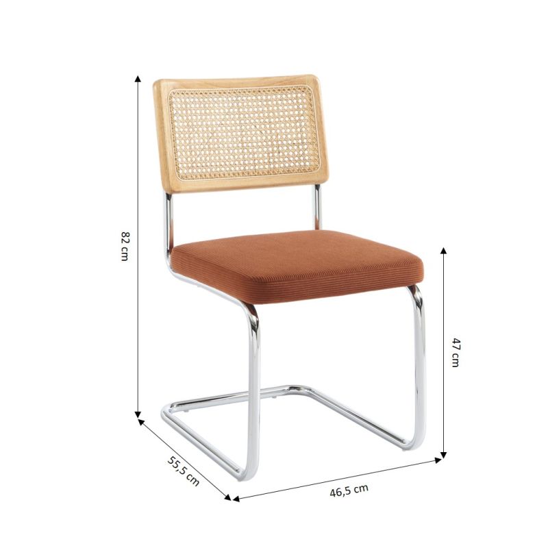 Ensemble repas table extensible ORACLE placage chêne et lot de 4 chaises ELLA velours côtelé terracotta et cannage