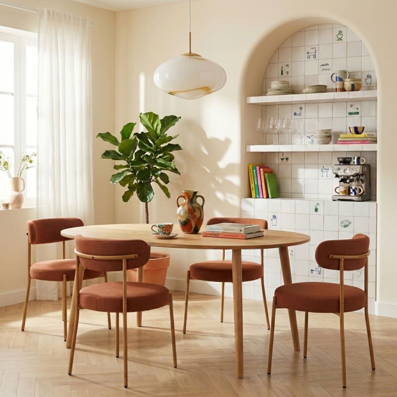 Ensemble repas table extensible ORACLE placage chêne et lot de 2 chaises NOA tissu terracotta