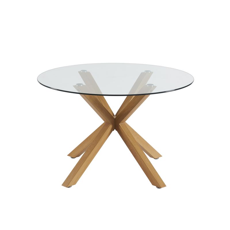 Ensemble repas table à manger ronde en verre HARRY 120cm et lot de 4 chaises ELLA velours côtelé beige et cannage