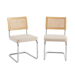 Ensemble repas table à manger ronde en verre HARRY 120cm et lot de 4 chaises ELLA velours côtelé beige et cannage